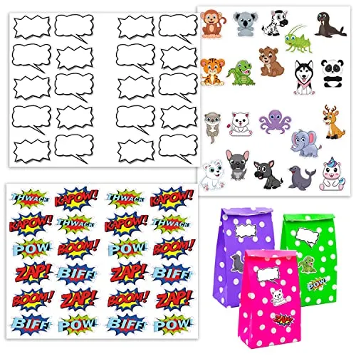 DuneDesign 64 Witzige Sticker für Geburtstagstüten Kinder Namenssticker - Deko Aufkleber Geschenktüten Kindergeburtstag - Geschenktaschen Give Away Tüten Mitgebseltüten Kindergeburtstag Gift Bags Kids