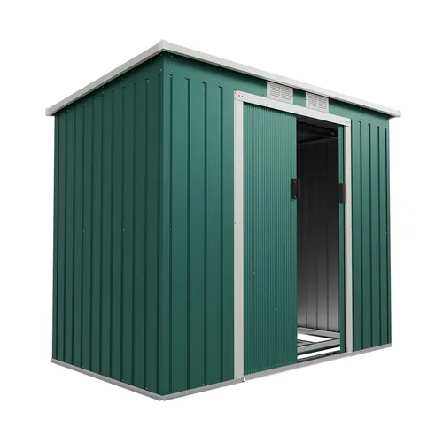 Juskys Metall Gerätehaus M mit Pultdach - Gartenhäuser: Modernes Metall-Gerätehaus mit Pultdach und Schiebetür für Ordnung im Außenbereich – ideal für Gartenmöbel und Werkzeuge.