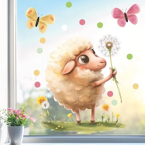 Sunnywall Fensterbild Fensterdeko Schaf Pusteblume Fensteraufkleber statisch selbstklebend beidseitiger Druck Aufkleber Fenstersticker WIEDERVERWENDBAR A3