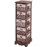 Regal Kommode mit 5 Korbschubladen - Shabby-Look, Vintage braun - Regale & Aufbewahrung, stilvolle Kommode mit 5 Korbschubladen aus Paulowniaholz, ideal für ein charmantes und ordnungsliebendes Zuhause.