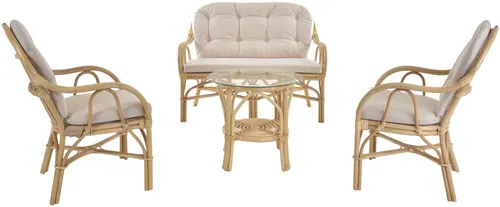 Set/4 Sitzgruppe Wintergartenset Rattangarnitur - Tisch- & Stuhl-Sets für 4 Personen, stilvolle Rattangarnitur in Creme mit abnehmbaren Bezügen und eleganter Glasplatte - perfekt für den Wintergarten oder die Lounge.