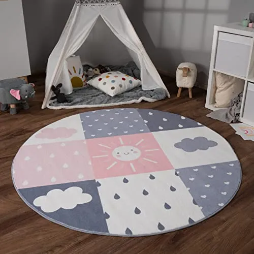 Paco Home Teppich Kinderzimmer Kinderteppich Spielteppich Kurzflor rutschfest Krone Herzen Punkte Sonne Regenbogen Buchstaben, Grösse:120 cm Rund, Farbe:Rosa