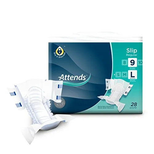 Attends Slip Regular 9 L, 28 Stück - Höchster Auslaufschutz - Inkontinenzeinlagen mit leistungsstarkem Saugkern für optimalen Schutz bei schwerer Inkontinenz. Atmungsaktives Material und Klettverschlüsse sorgen für Komfort und Hautgesundheit.