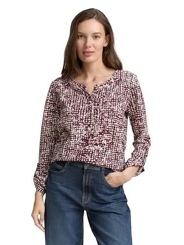 TOM TAILOR Damen T-Shirt 1047729 - Dark Red Abstract Dot Design - T-Shirt für Damen im Blusen-Stil mit Henley-Ausschnitt, aus atmungsaktiver, nachhaltiger Baumwolle für hohen Tragekomfort. Ideal für modische Looks!