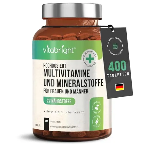 VitaBright Multivitamin Tabletten Hochdosiert - 400 Tagedosis - Multivitaminpräparate & Mineralien, 400 hochdosierte Tabletten für 13 Monate, ideal zur Unterstützung des Immunsystems und der täglichen Ernährung – vegan und ohne überflüssige Zusätze.
