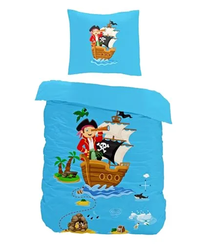 JACK Kinder Renforce Baby Bettwäsche 2 TLG. 100x135cm Pirat Schiff Abenteuer Schatz Blau Bunt Reißverschluss