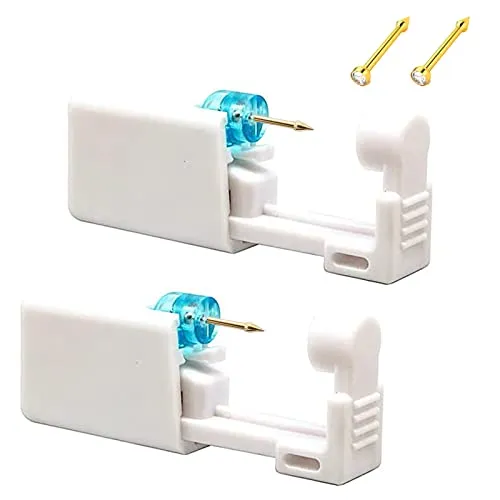 Amotorfly 2 Stück Einweg Nasenpiercing Stecher Set, Steriles Nasenpiercing Set Werkzeug mit 2 Nasenstecker, Sicherheit Tragbares Selbst Nasenpiercing Set, Gold Color Nasenstecker