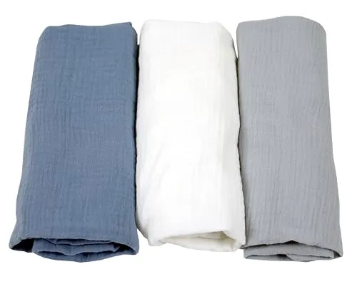 BabyLux Musselin Spannbettlaken Set – 3er Pack (40x80 cm) für Kinderwagen, Stubenwagen, Babybett & Wiege Matratzenbezug (z15 Blau-Weiß-Grau)