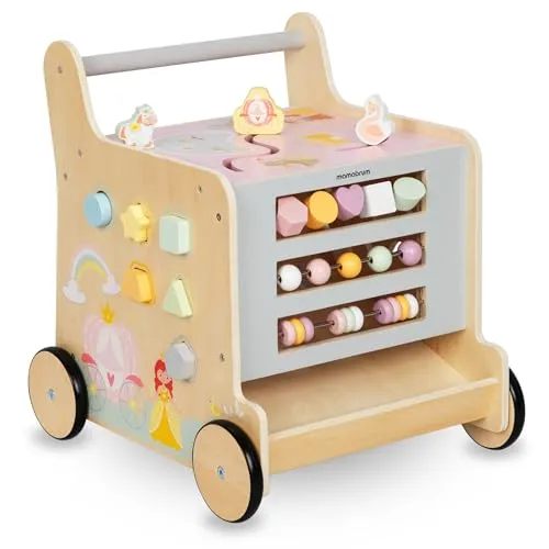 Mamabrum Holzläufer für Kinder, 2in1 Puder, Motorikwürfel, Frühkindspielzeug: Reiter, Sorter, Labyrint, Zahlenblöcke, Schieber, Rutschfeste Räder