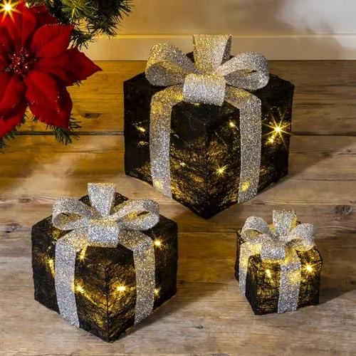 3er-Set LED Deko Geschenke Geschenkboxen - Weihnachten Dekoration Geschenk beleuchtet (schwarz/Silber)