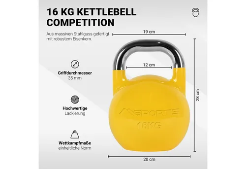 MSports® Kettlebell Competition 16 kg - Gelb - Kettlebell für intensives Training, ideal für Kraft- und Ausdauerübungen, mit hochwertiger Verarbeitung und ergonomischem Design.