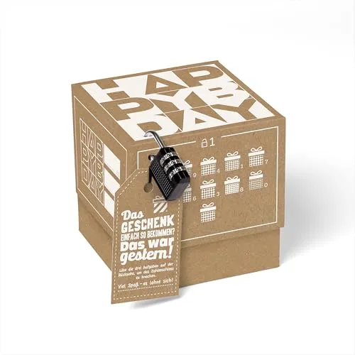 SURPRISA Rätselbox Geschenkverpackung - Geschenkbox für Geldgeschenke, Gutscheine & kleine Geschenke zum Geburtstag - Motiv Happy Bday - Größe S (12 cm)