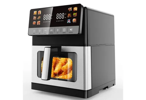 oyajia Heißluftfritteuse 10L Heißluftfritteuse aus Edelstahl, 2 Heizelementen, 12 Automatikprogramme, Sichtfenster, Touch Bedienfeld, LED Anzeige, 1800 W, Temperatur einstellbar 30