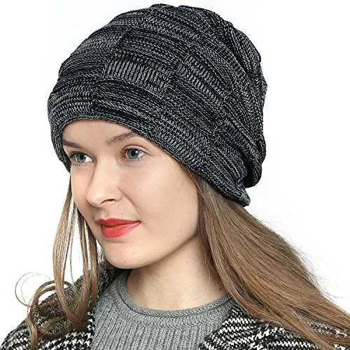 DonDon Mütze Damen Wintermütze Slouch Beanie Strickmütze mit warmen Fleece Innenfutter Nachtblau weiß