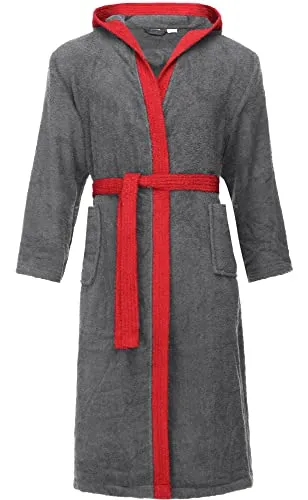 Ladeheid Herren Frottee Bademantel LA40-190 - Dunkelgrau-Rot, Größe L - Hochwertiger Herren Bademantel aus 100% Baumwolle mit 400 g/m², warm und bequem; ideal zum Entspannen nach dem Baden, ausgestattet mit zwei Taschen und großer Kapuze.