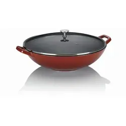 Kela Calido Wok Pfanne 11947 - Rot - Pfanne aus Gusseisen mit Glasdeckel und Edelstahlgriff, ideal für sicheres Kochen und Transportieren. Perfekt für kreative Wok-Gerichte.