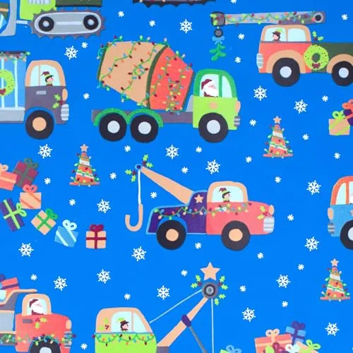Weihnachtsgeschenkpapier 70cm x 2m Rolle Baufahrzeuge - Geschenkpapier mit Motiv für Weihnachten - Geschenkpapierrolle mit Weihnachtsmotiv - Weihnachtspapier für Kinder Jungen Blau