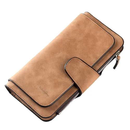 YUEcthynous Geldbeutel Groß,Portemonnaie Geldbörse Frauen Weichem Synthetisches Leder Damen Zipper mit Schnalle Geldbörse Große Kapazität Kunstleder Portmonee Farben mit vielen Fächern (Braun)