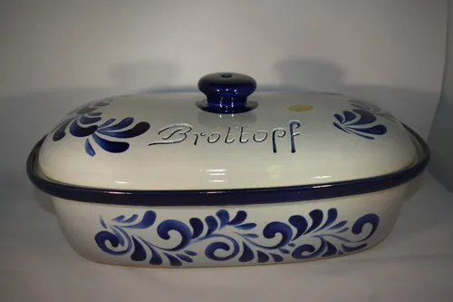 Brottopf 40 cm grau blau Oval NEU - Hochwertiger Brotkasten aus Steinzeug, ideal für die Aufbewahrung von Brot und Brötchen, sorgt für frische und knusprige Backwaren in Ihrer Küche.
