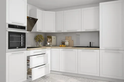 L-Form Küchenzeile KVANTUM 230x270cm - Moderne Einbauküche mit 4 Schubladen und Soft-Close Funktion, ideal für effizientes Kochen und stilvolles Wohnen. Hochwertige MDF-Oberflächen in Weiß matt.