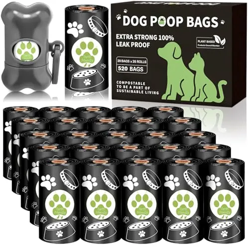 JEDWKFA 520 Pcs Hundekotbeutel, Kotbeutel für Hunde, Dog Poop Bags, 26 Rollen Kackbeutel für Hunde + 1 Hundekotbeutelspender, Auslaufsicher, Tragbar Hundebeutel Kot, 30 x 22 cm, Schwarz