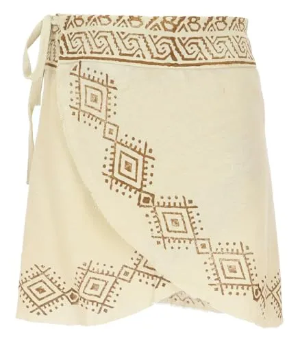 GURU SHOP Natürlicher Goa Minirock - Hellbeige Damen Wickelrock - Röcke für Damen, handgefertigter Wickelrock aus Baumwoll-Nesselstoff mit einzigartiger, von Hand bedruckter Bordüre für einen individuellen Look.