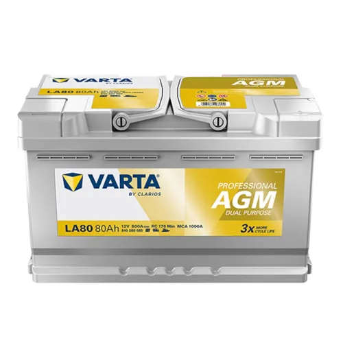 VARTA Professional AGM LA80 Autobatterie 12V 80Ah 800A - Autobatterien für Freizeitanwendungen, wartungsfrei und mit bis zu 6-facher Zyklenlebensdauer. Ideal für Motorstart und Zubehörversorgung, perfekt für den saisonalen Einsatz.