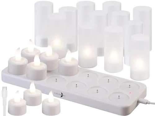 Lunartec Flammenlose Teelichter: 48er-Set Akku-LED-Teelichter mit Kunststoff-Dekogläsern & Ladestation (Elektrische mit Akku, Elektrisches zum Aufladen, Stimmungslicht)
