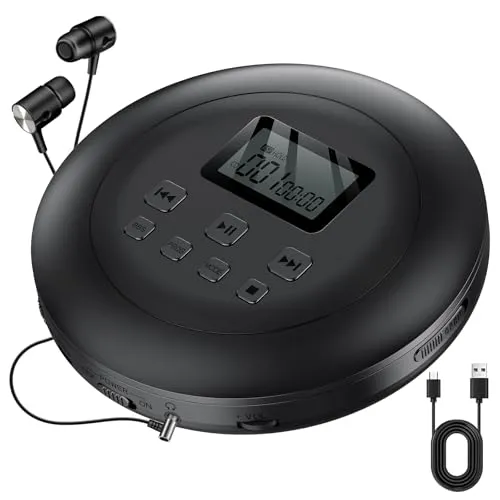 Gueray Tragbarer CD Player Tragbar CD Players Kinder CD-Player HiFi Discman mit Kopfhörer LCD-Display Unterstützung ASP PROG Speicherfunktion Repeat-Funktion BASS Effet Schwarz