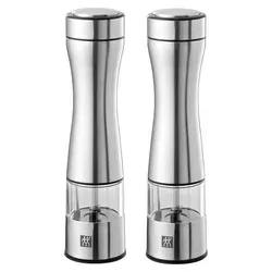 ZWILLING Elektrische Salz- & Pfeffermühlen Set - Küchenhelfer Set aus Edelstahl mit langlebigem Keramikmahlwerk, stufenlos einstellbarem Mahlgrad und LED-Beleuchtung für präzises Würzen.