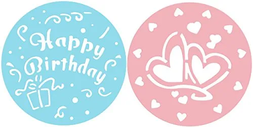 Zenker Kuchen-Deko-Schablonen CANDY, Dekorier-Scheiben mit Herzen und Happy Birthday, Schablone zur Verzierung von Kuchen und Torten (Farbe: Rosa, Blau), Menge: 2 Stück, 25.5 x 25.5 x 0,1 cm
