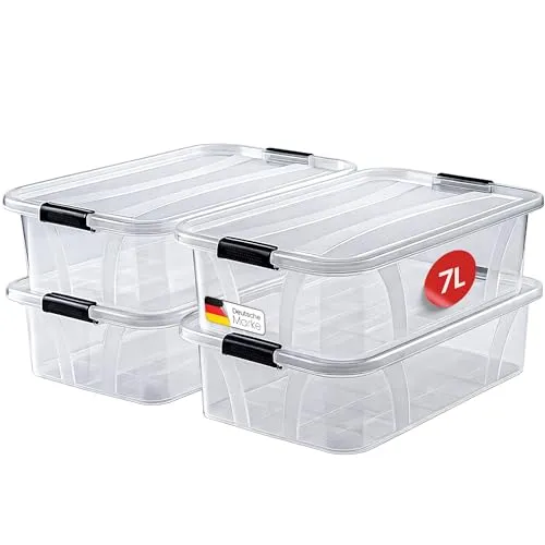 KONZEPT Plastikbox mit Deckel Set 4 Stk. 7L - Stapelbare Aufbewahrungsboxen für Ordnung - TRANSPARENT & PRAKTISCH - Die 7L Aufbewahrungsboxen sind stapelbar und ermöglichen schnellen Zugriff auf den Inhalt. Ideal für Haushalt, Büro oder Kleiderschrank. SICHERER SCHUTZ durch verschließbare Deckel, perfekt gegen Staub und Schmutz. BPA-frei und recycelbar.