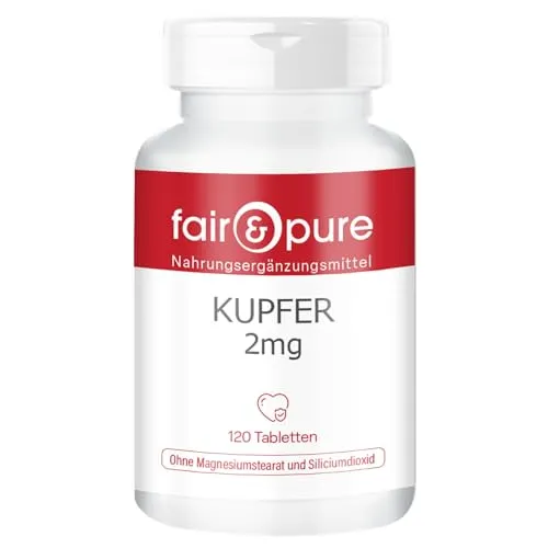 Fair & Pure Kupfer 2mg, 120 Tabletten, Kupferbisglycinat, Nahrungsergänzungsmittel vegan ohne Magnesiumstearat, in Deutschland hergestellt