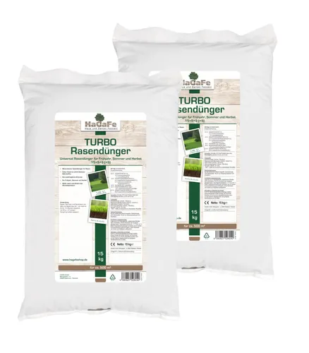 HaGaFe Turbo Rasendünger, 2 x 15kg, Universal TURBO Rasendünger, Frühjahr, Sommer, Herbst, Rasen - Dünger mit viel Stickstoff für ein sattes Grün