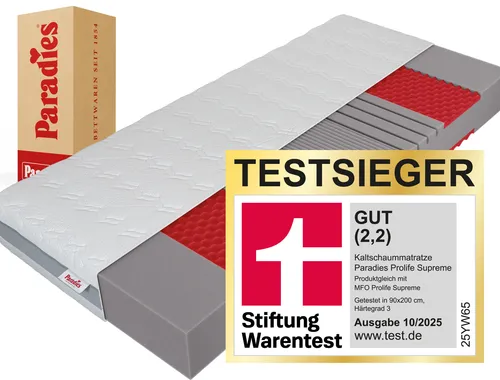Paradies Prolife Supreme Kaltschaummatratze, 90x200 cm, Testsieger - Die Paradies Prolife Supreme Matratze (90x200 cm, Härtegrad 3) überzeugt mit ergonomischer Unterstützung und hoher Langlebigkeit. Ausgezeichnet von Stiftung Warentest mit der Note GUT (2,2) für besten Schlafkomfort.