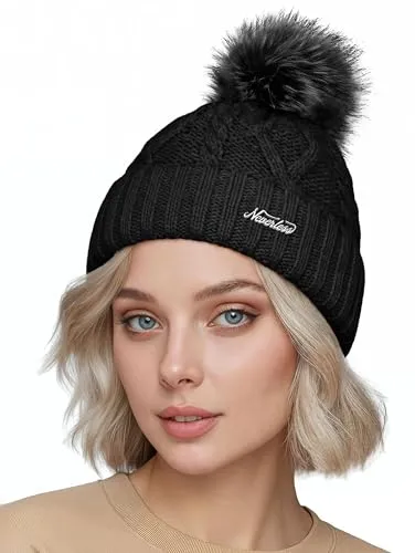Neverless® Damen Bommelmütze mit Fleecefutter Pudelmütze Strickbeanie Strickmütze Wintermütze Schwarz Unisize