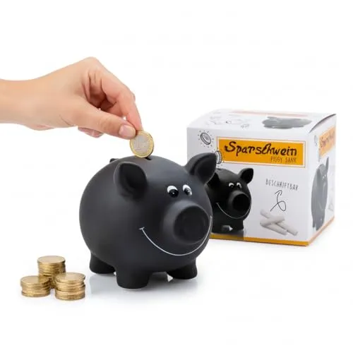 2X Sparschwein aus Keramik, Schwarz | Tafellack zum Beschriften inkl. Schloss & Schlüssel | Maße: ca. 17,5 x 13,5 x 14,4 cm | Geschenkidee für Sparfüchse jedes Alters