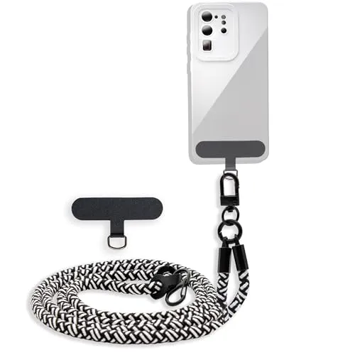 Cadorabo Universale Handykette in SCHWARZ - WEIß - Passend für die meisten gängigen Smartphones und Hüllen - Verstellbares Handyband Kordel zum Umhängen Schlüsselband Universales Pad zum einlegen
