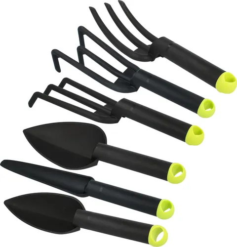 com-four® 6-teiliges Premium Garten-Werkzeug Set - Klein-Grubber, Blumen-Kelle, Pflanzen-Kelle, Blumen-Gabel, Rechen und Unkraut-Stecher - für Garten und Balkon