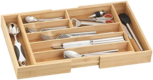 Rosenstein & Söhne Besteckkasten: Variabler Bambus-Besteckeinsatz, 6-8 Fächer, ausziehbar 37-45,5 cm (Schubladenbox, Schubladeneinsatz, Organizer)