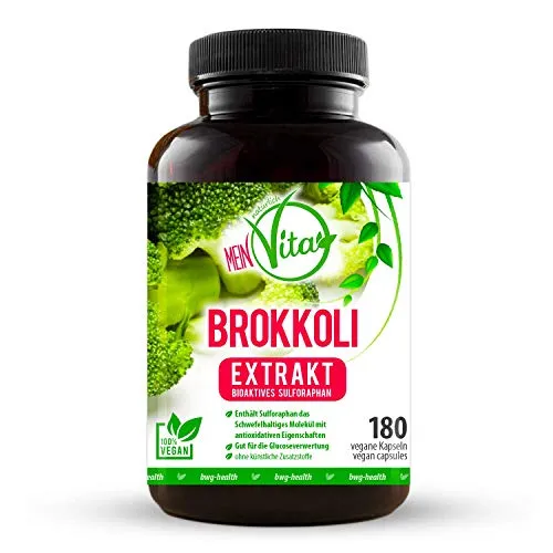 MeinVita Brokkoli Extrakt - 180 hochdosierte VEGAN Kapseln - Pflanzliches Ergänzungsmittel mit 1000 mg bioaktivem Sulforaphan pro Tagesportion. Antioxidative Eigenschaften, 100% vegan und in Deutschland hergestellt.