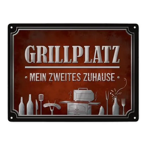 Grillplatz - mein zweites Zuhause Metallschild XXL mit Grill Motiv