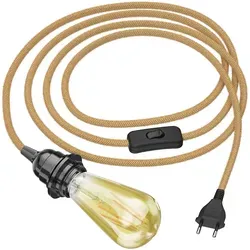 ledscom.de Hanfkabel LEKA mit Stecker, Schalter und E27 Fassung, inkl. LED Vintage gold max. 814lm extra-warmweiß 3-Stufen