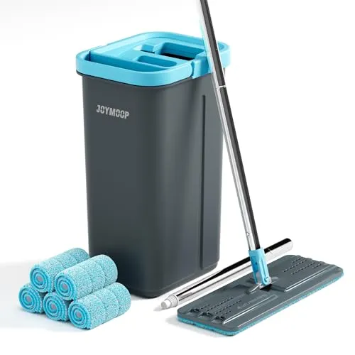 JOYMOOP Wischmopp- und Eimer-Set mit Auswringer, mit 5 wiederverwendbaren Mikrofaser-Wischpads, Wischmopps für Bodenreinigung und Wandreinigung, freihändiger Flachmopp für den Heimgebrauch – Grau +