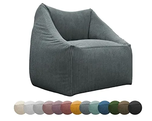 chilly pilley® Sitzsack Sessel in 2 Größen – Bequemer Bean Bag mit Bezug aus Cord, Leinenoptik oder wasserabweisendem Stoff – Moderner Loungesessel für Wohnzimmer, Kinderzimmer oder Terrasse (Grau)