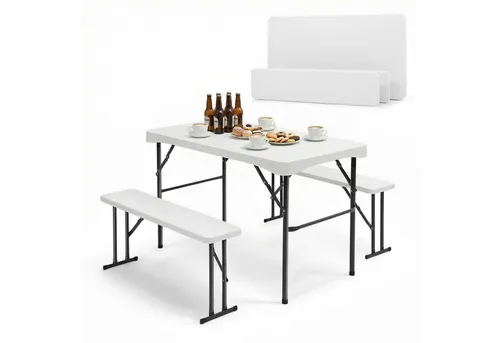 Sekey Garten-Essgruppe 3-teilig Klappbar mit 2 Bänken - Praktische und robuste Gartenmöbel für bis zu 4 Personen. Klappbares Design mit Tragegriffen, ideal für den Außenbereich. UV-beständig und leicht zu reinigen, perfekt für Feste und Gartenpartys.