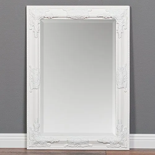 Eleganter Wandspiegel BESSA weiß-pur 70x50cm barock Spiegel Holzrahmen mit Facette Frisierspiegel Schminkspiegel