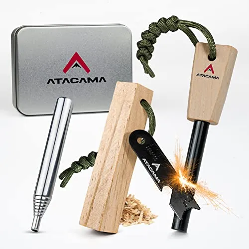 Atacama NEU Feuerstahl Survival Set inkl. Multitool, Kienspan Zunder, Blasrohr und Feuerstein - Outdoor Ausrüstung & Bushcraft Ausrüstung - Firestarter - Ewiges Streichholz Wasserfest Fire Starter
