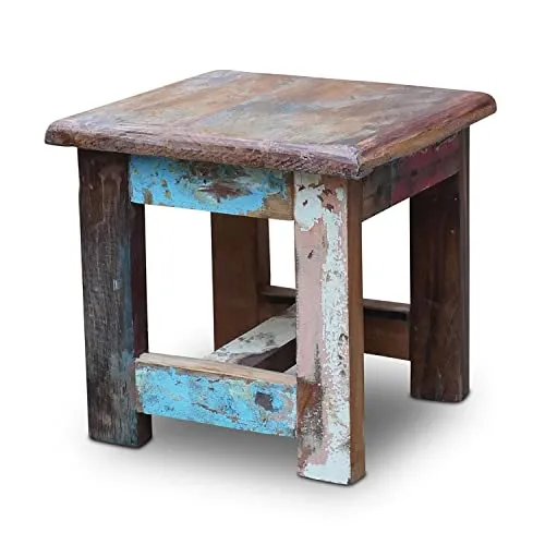 LS-LebenStil Vintage Holz Hocker - Mumbai - Teakholz - Massiv - Rustikal - Shabby Bunt - 28x26cm Schemel Fußbank Bänkchen Fußhocker Tritthocker Blumenhocker Pflanzenhocker Beistellhocker