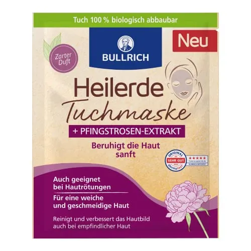Bullrich Heilerde Tuchmaske + Pfingstrosen-Extrakt | Beruhigt die Haut sanft | Auch geeignet bei Hautrötungen | Mit zartem Duft | vegan | 1 Tuchmaske